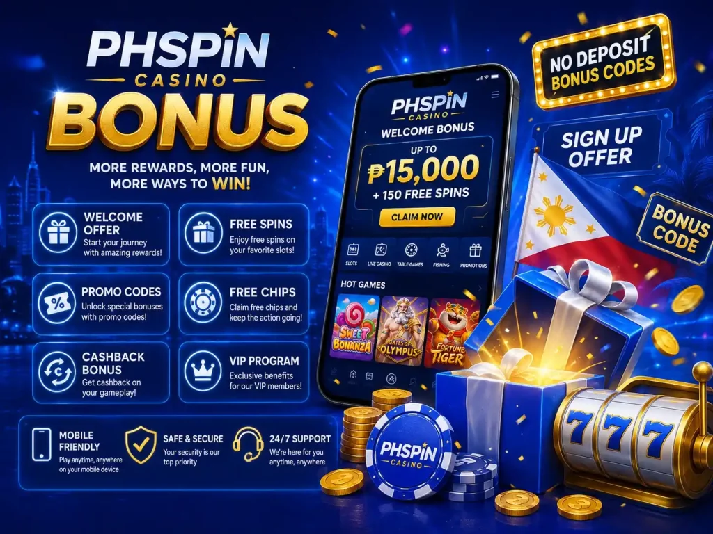 PHSpin Casino bonus promotion artwork featuring blue and gold casino design, smartphone gaming interface, free spins, bonus codes, VIP rewards, gift box, slot machine, and Philippine gaming atmosphere in 4:3 format
