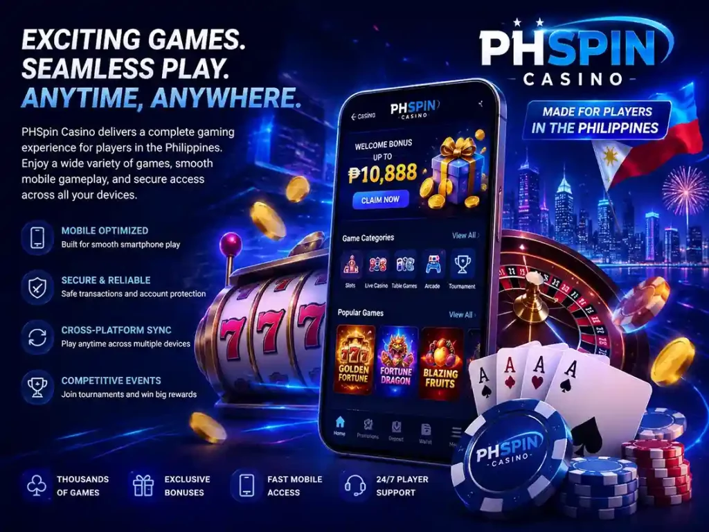 PHSpin Casino games banner with mobile casino app, slot machine, roulette table, poker cards, glowing blue gaming interface, and vibrant Philippines casino atmosphere
