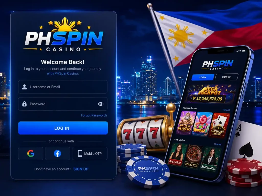 PHSpin Casino login page illustration with mobile casino interface, Philippine city skyline, poker chips, cards, and blue neon gaming design in 4:3 format