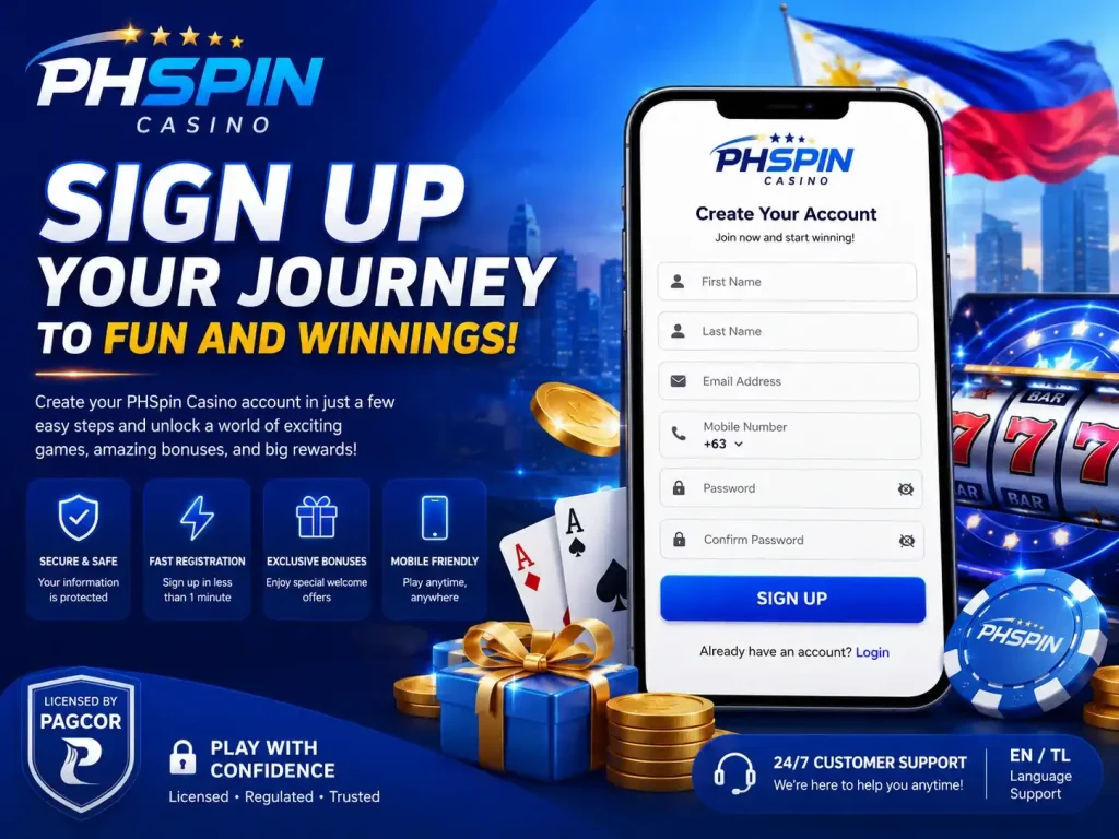 PHSpin Casino sign up banner with blue casino theme, smartphone registration screen, slot machine, playing cards, gold coins, and Philippine gaming atmosphere in 4:3 format