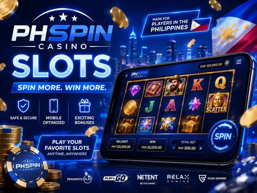 PHSpin Casino slots banner featuring blue neon casino theme, mobile slot gameplay, jackpot reels, glowing coins, and smartphone gaming atmosphere for players in the Philippines