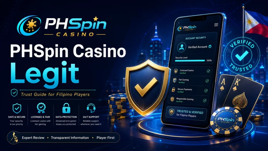 PHSpin Casino legit guide banner with verified trust badge, secure account dashboard, casino chips, cards, and player safety icons for Filipino players