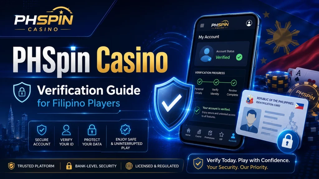 PHSpin Casino verification guide banner with secure account dashboard, ID card, shield icon, and verification safety message for Filipino players