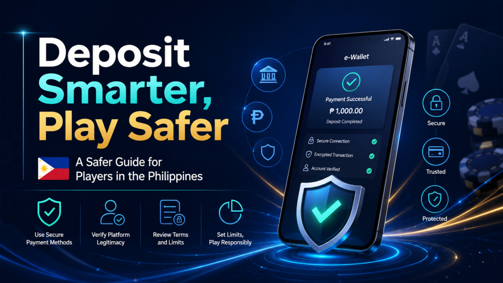 PHSpin Casino deposit safety guide banner with secure e-wallet, payment protection icons, and responsible gaming message for players in the Philippines